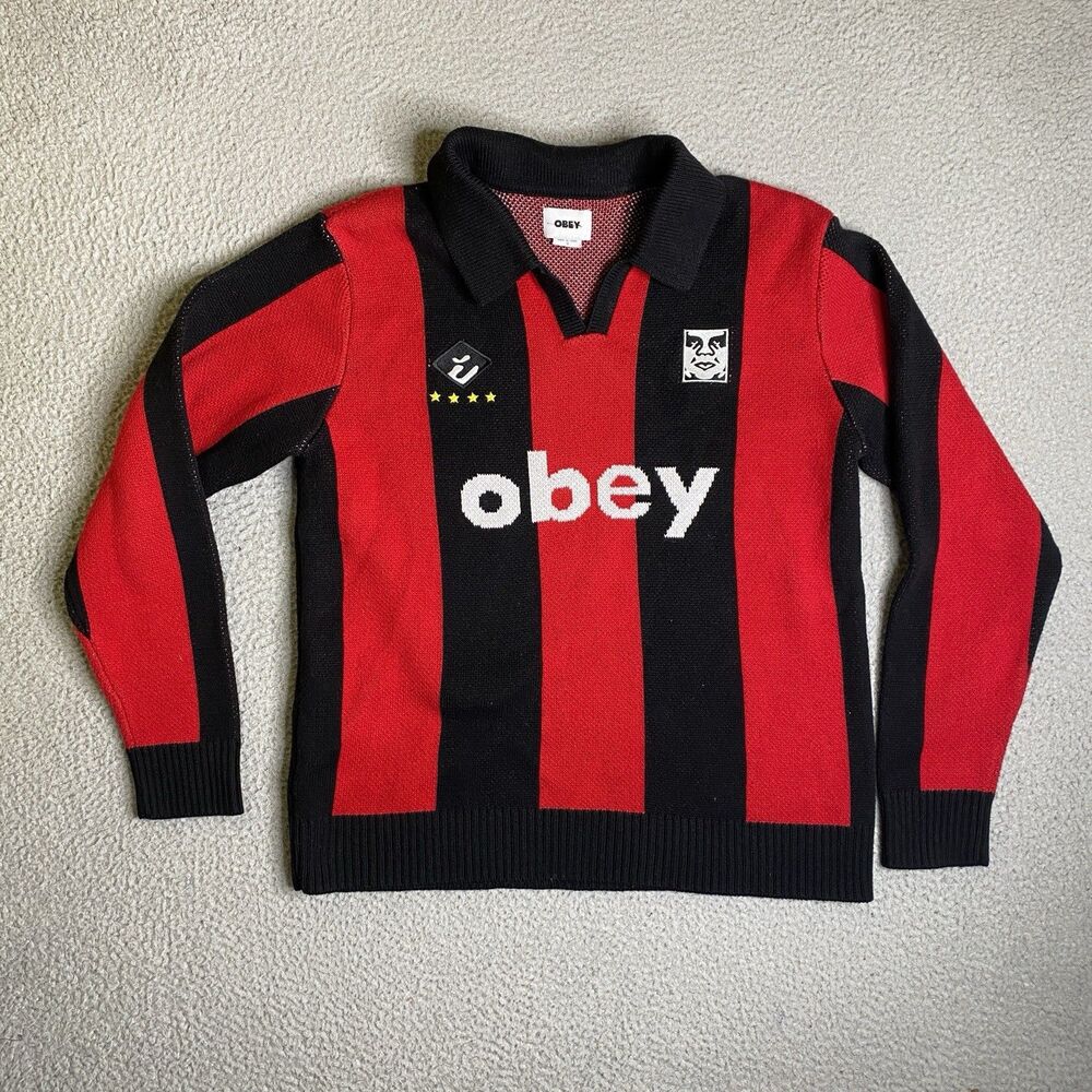 Obey Sweater Soccer Jersey 89' Mens Small Red Black Striped Pullover Logo NWOT
